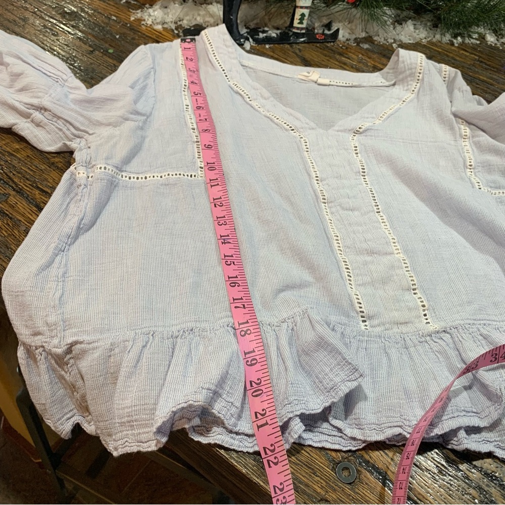 GAP long sleeve blouse Light Blue Striped Open Lace Detailing Ruffles XL Boho - Picture 13 of 16